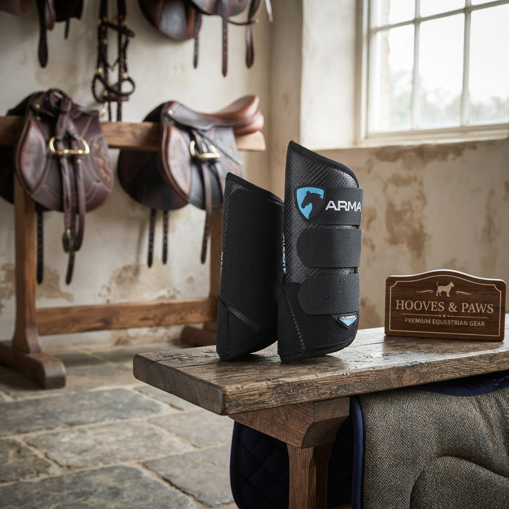 Lifestyle photo of Shires ARMA Carbon Cross Country Hind Boots - Professional Equestrian Leg Protection