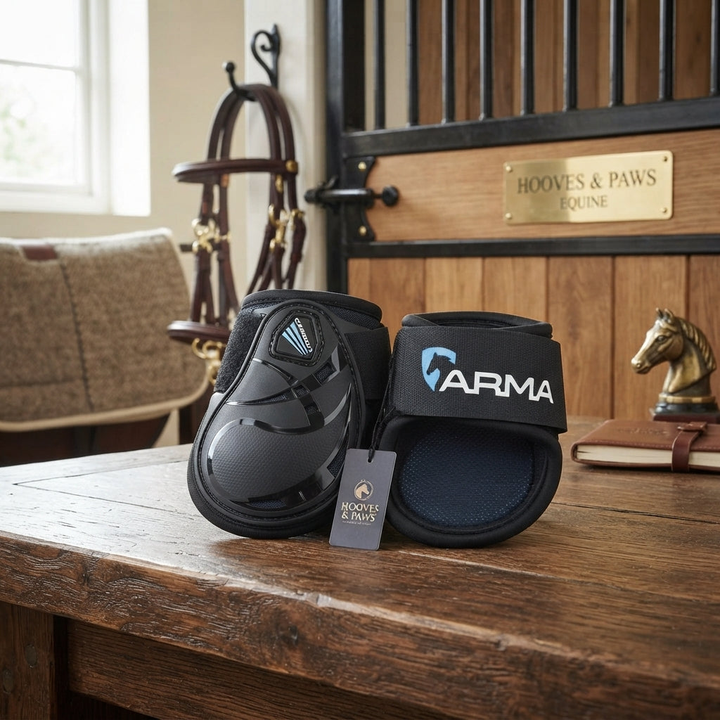 Lifestyle photo of Shires Arma Carbon Fetlock Boots - Durable Impact Protection for Your Horse's Hind Legs