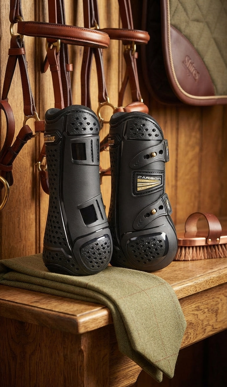 Lifestyle photo of Shires ARMA OXI-Zone Tendon Boots - Black 4D Impact Protection & 360° Ventilation