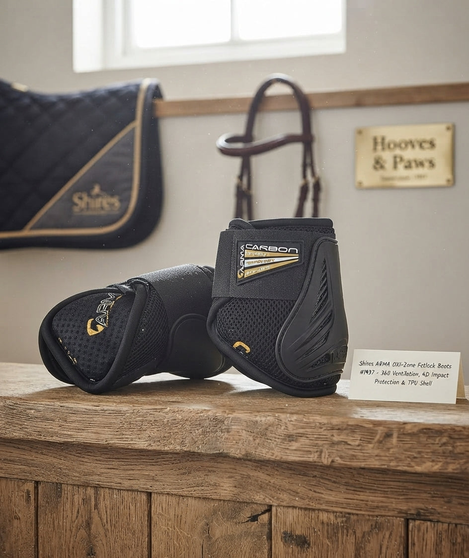 Lifestyle photo of Shires ARMA OXI-Zone Fetlock Boots #1937 - 360 Ventilation, 4D Impact Protection & TPU Shell
