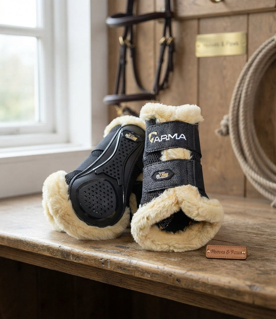 Lifestyle photo of Shires ARMA OXI-Zone Supafleece Brush Boots - 4D Impact Protection & 360 Ventilation Horse Boots