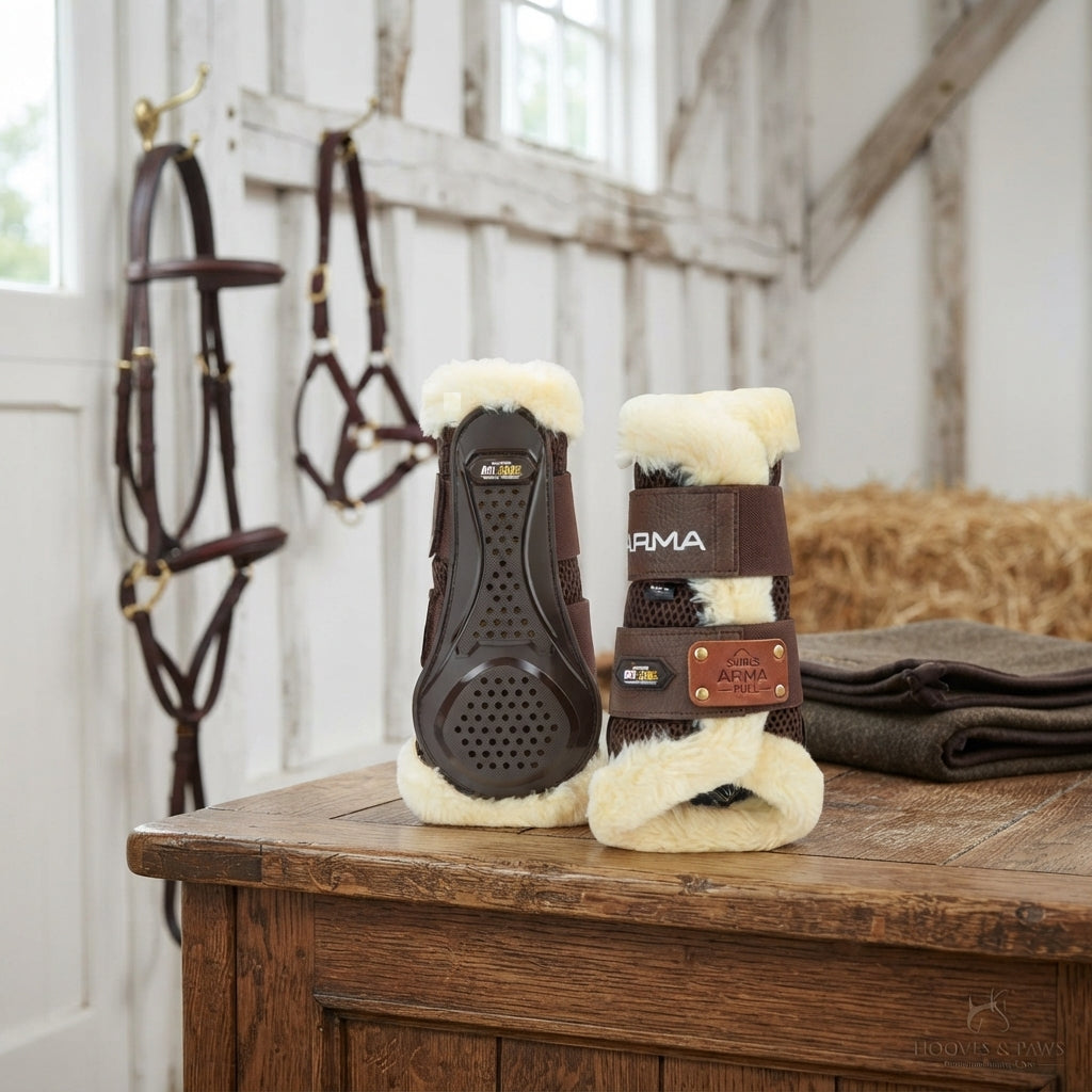 Lifestyle photo of Shires ARMA OXI-ZONE SupaFleece Brushing Boots - Breathable Impact Protection Horse Leg Boots