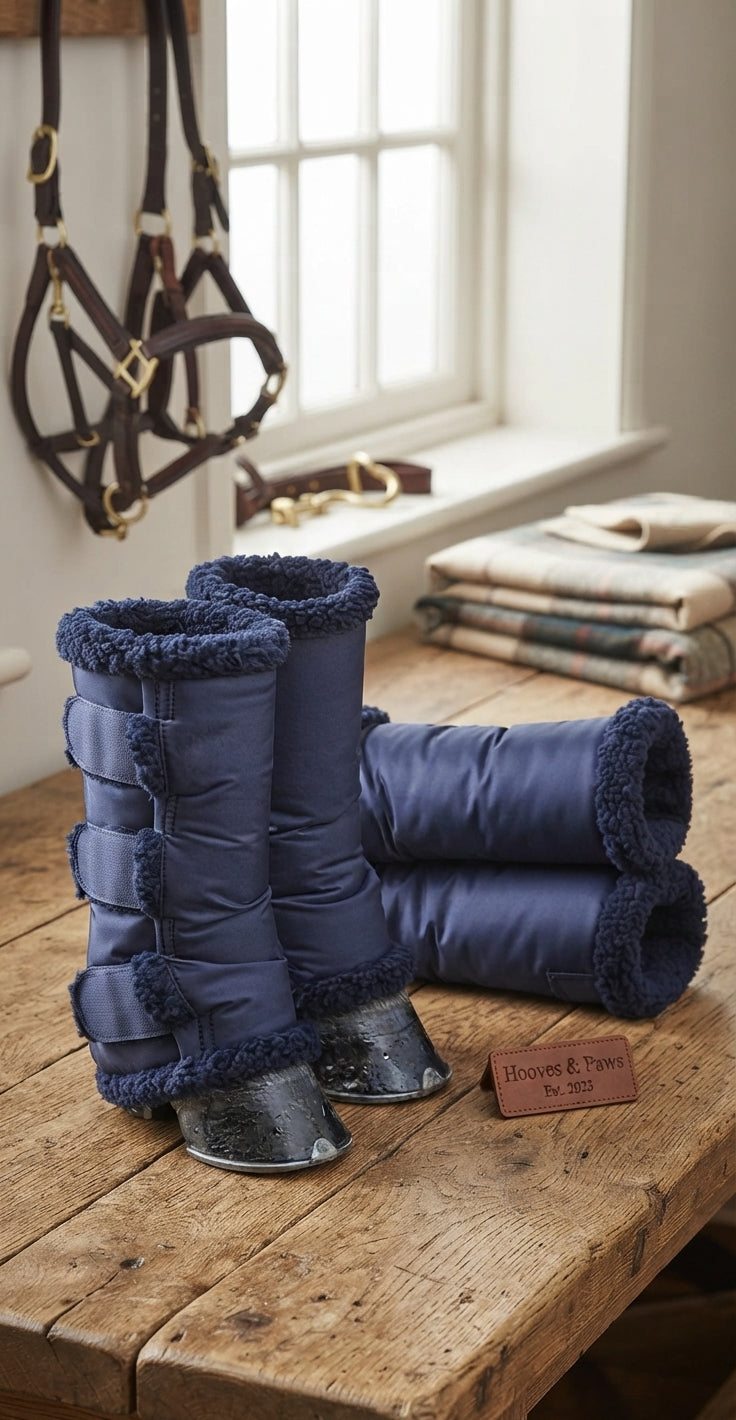 Lifestyle photo of Shires Short Fleece Lined Travel Boots Navy - Synthetic Sheepskin Lining - Set of 4 - Multiple Sizes