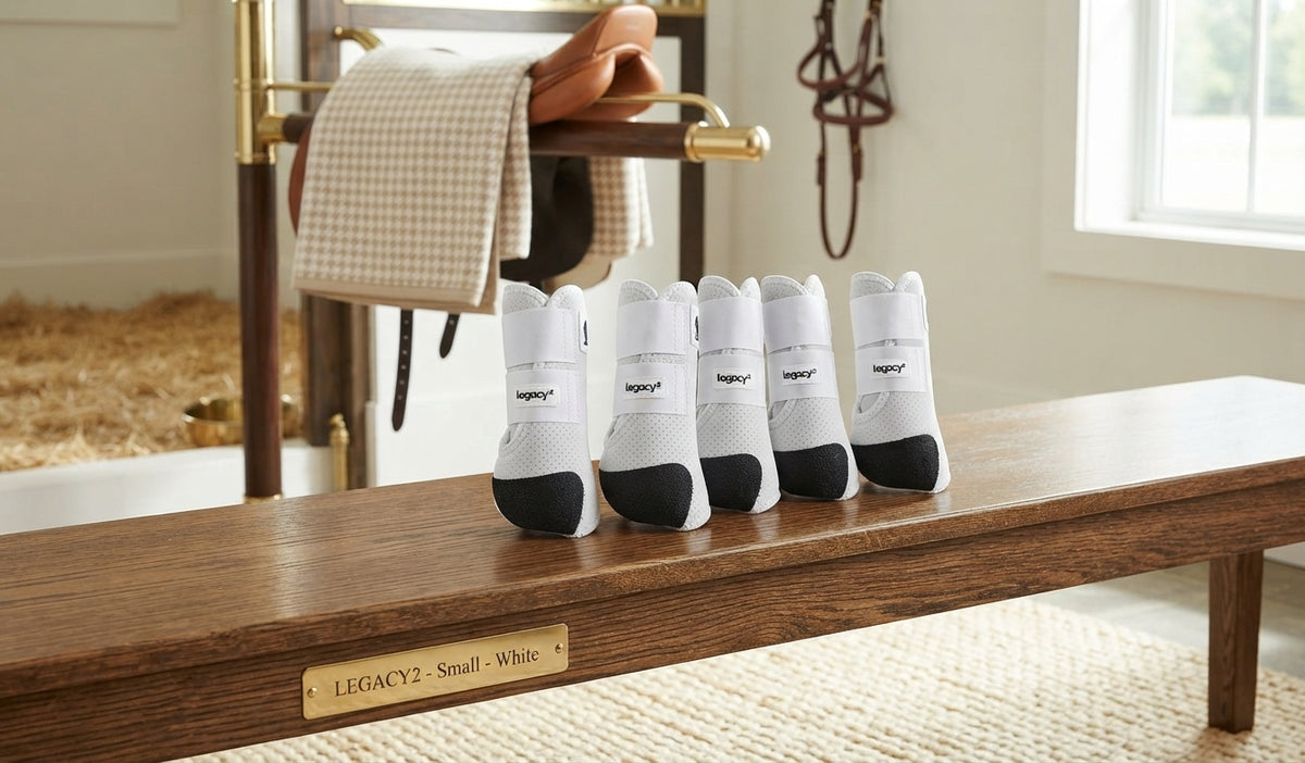 Lifestyle photo of Classic Equine Legacy2 Horse Front and Hind Sports Boots 4-Pack - Small, White, Perforated Neoprene