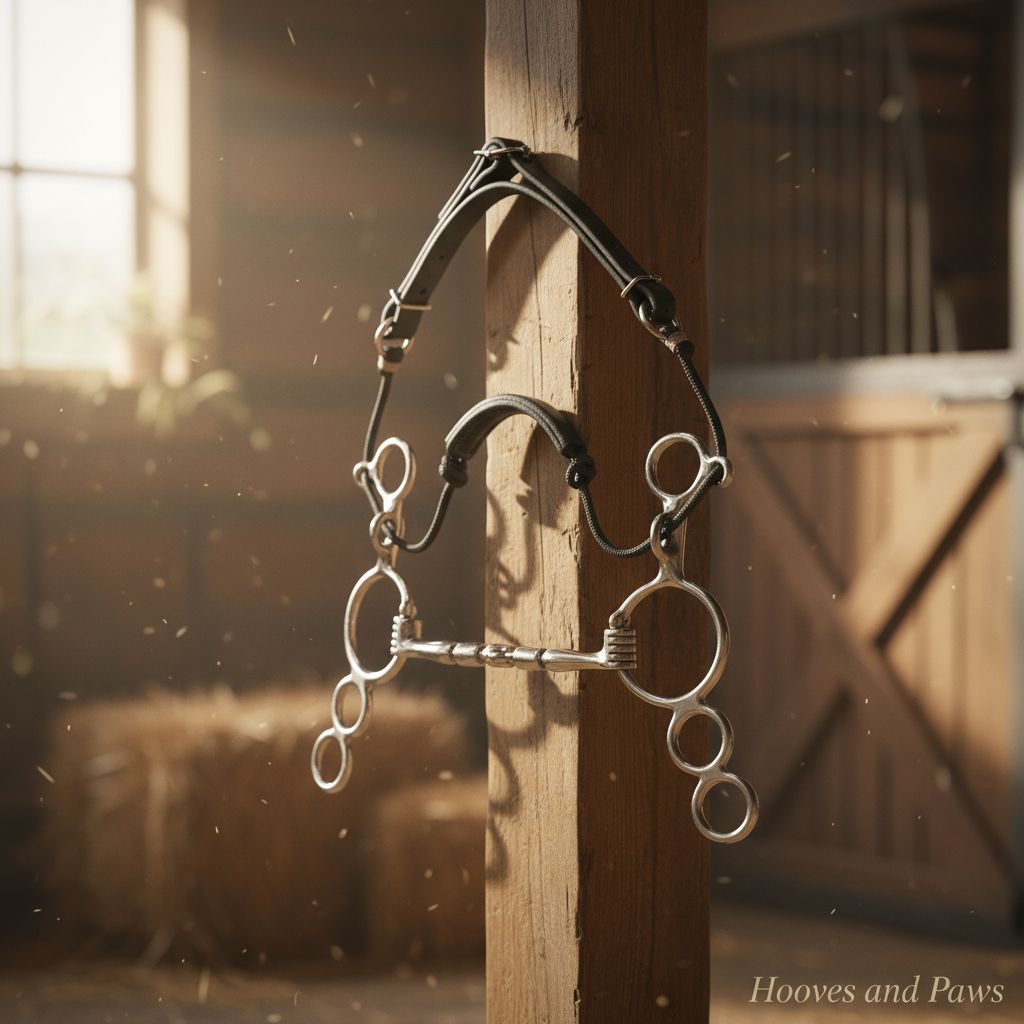 Myler MB 32-3 Combination Bit with sweet iron, triple barrel, and 6-inch shanks, hanging on a wooden post in a sunlit barn.