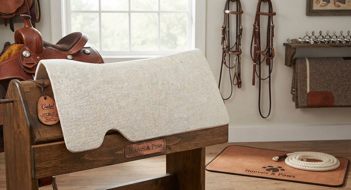 Lifestyle photo of Cashel White Felt Western Saddle Pad Liner - 31" x 33.5" - 1/2" Thick Natural Felt Contoured Liner