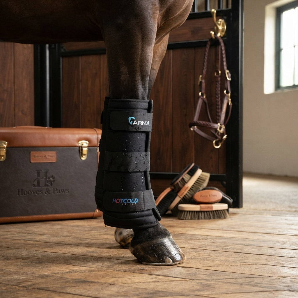 Lifestyle photo of Shires ARMA Hot/Cold Relief Boots - Therapeutic Compression Leg Wraps for Horse Injury Recovery and Cooling