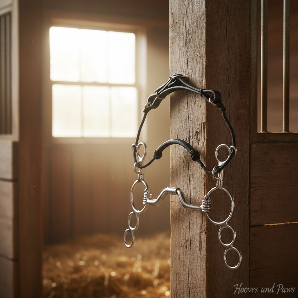 Myler MB 33 Combination Bit with Sweet Iron Ported Barrel and 6-inch shank, hanging on a rustic wooden post inside a sunlit barn.