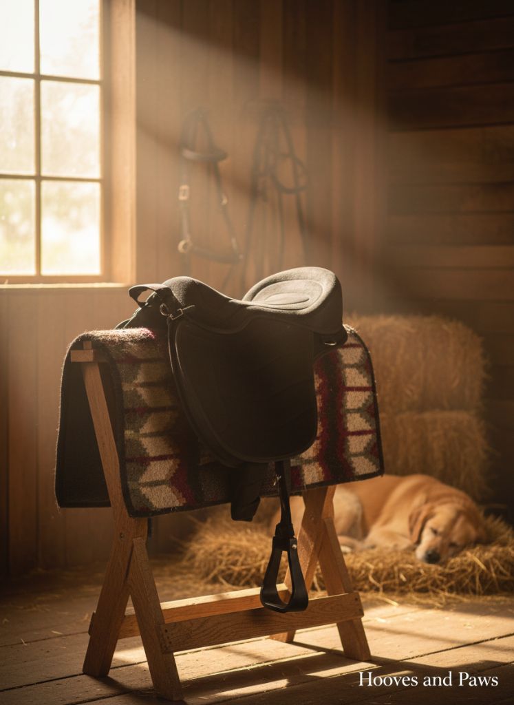 Cashel G2 Soft Saddle on a patterned saddle pad in a sunlit barn with a sleeping golden retriever dog on hay.