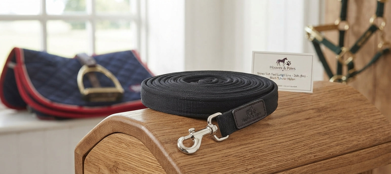 Lifestyle photo of Shires Soft Feel Lunge Line - 26ft (8m) - Black Tubular Nylon with Swivel Trigger Clip