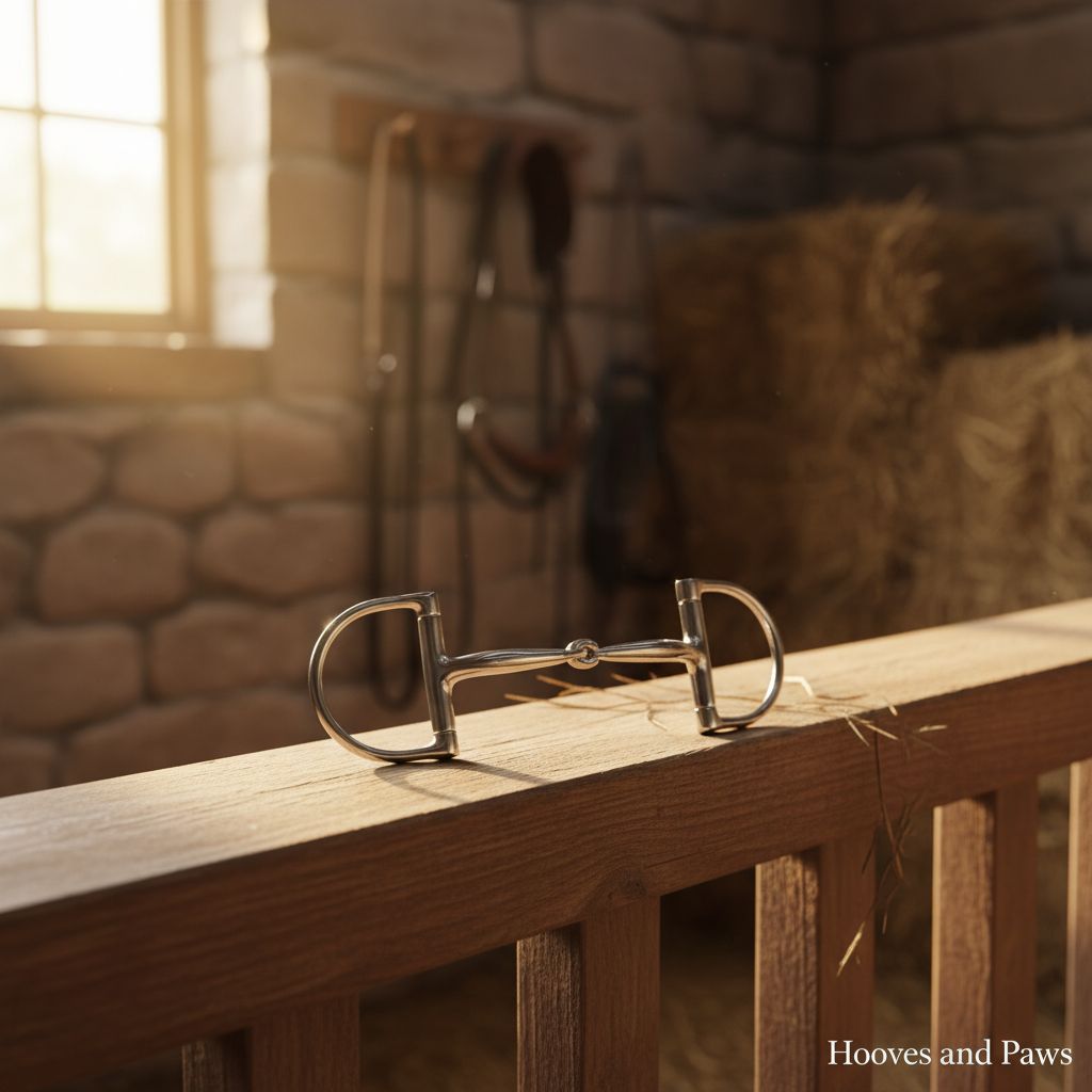 Stainless steel Myler Dee Snaffle Bit resting on a wooden stable rail, with a sunlit barn interior and hay bales in the background. Dressage legal horse bit.