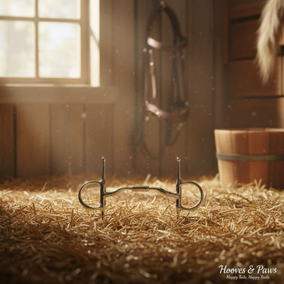 Myler 5" 89-24045 Full Cheek with Hook and Low Port Comfort Snaffle (MB 04) horse bit resting on golden straw in a sunlit barn, with a bridle hanging in the background.