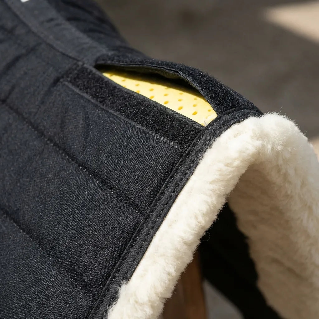 *Alt Text: Lifestyle photograph of the Toklat Matrix Endurance English saddle pad in use on a chestnut Arabian horse. The black pad with white fleece trim is under a brown endurance saddle. The horse is standing on a dirt path in a sunlit, rustic paddock setting.*

#### **3. Close-up Detail Shot**

This image provides a close-up view of the materials, stitching, and the unique insert system.