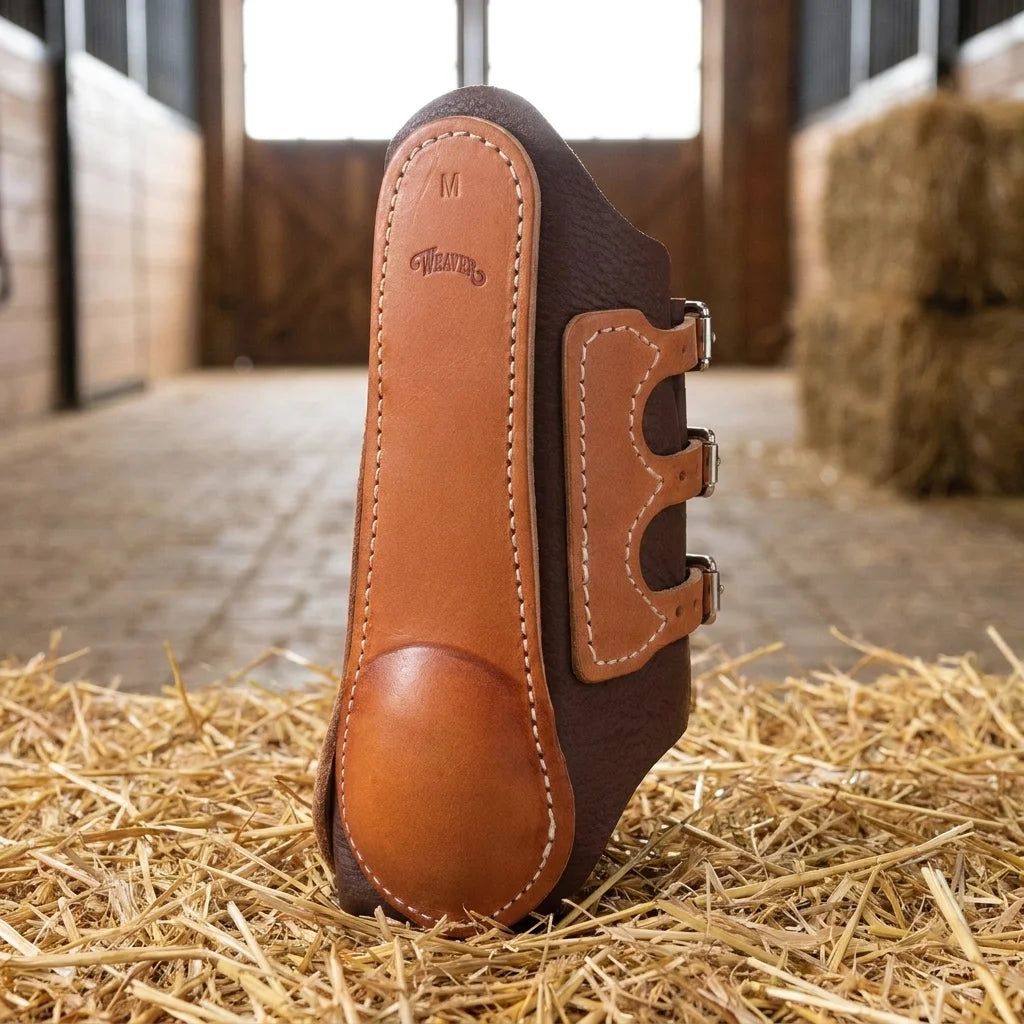 Weaver Leather Splint Boots – Medium Neoprene Leg Protection - styled in a tack room