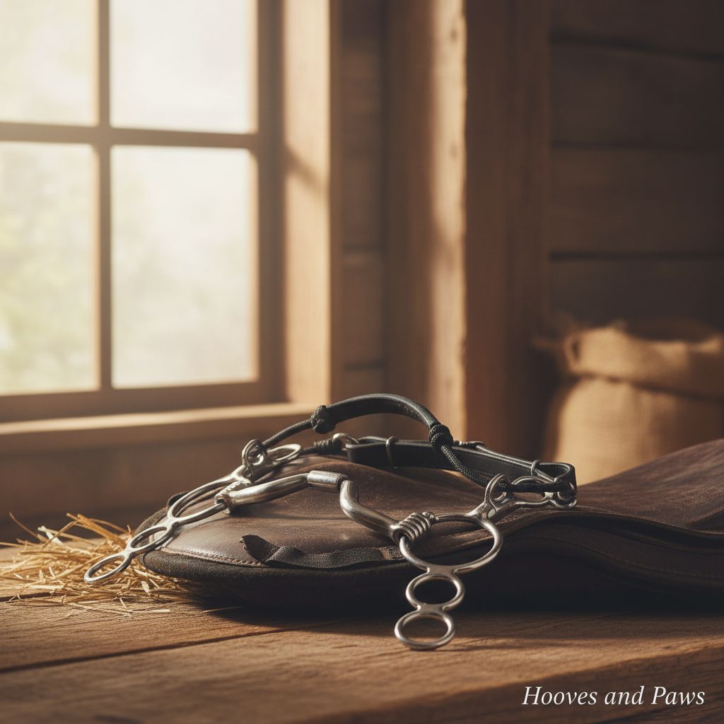 Myler MB 33 combination horse bit with sweet iron ported barrel and copper inlay, resting on a brown leather saddle pad in a rustic barn setting.