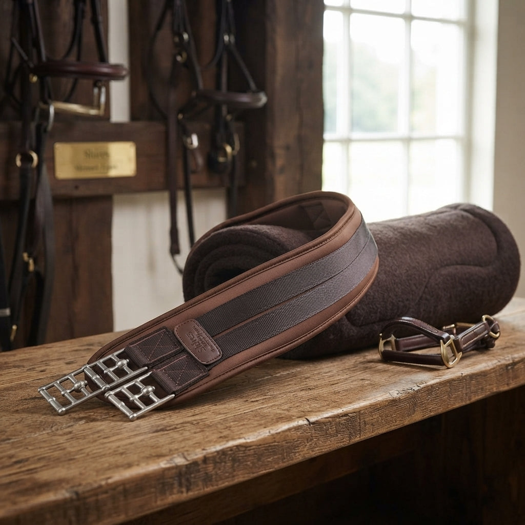 Lifestyle photo of Shires ARMA Memory Foam Girth - Brown - Contoured Pressure Relief and Anti-Chafe Horse Comfort
