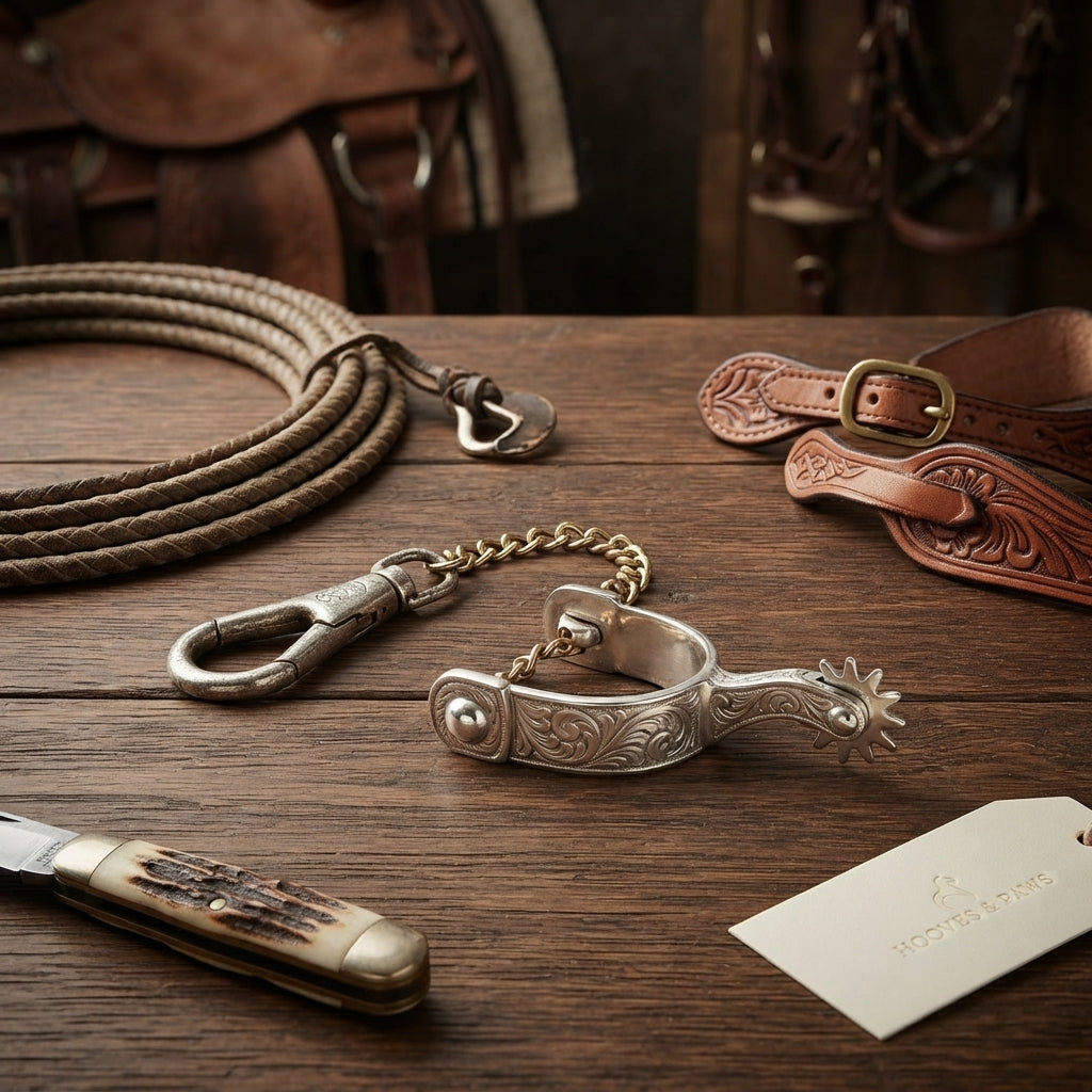 Lifestyle photo of Hooves and Paws Silver Plated Spur Key Chain with Turning Rowel - 3-D Engraved Western Gift, 1 oz