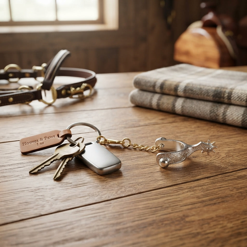 Lifestyle photo of Hooves and Paws Silver Plated Spur Key Chain with Turning Rowel - 3-D Engraved Western Gift, 1 oz