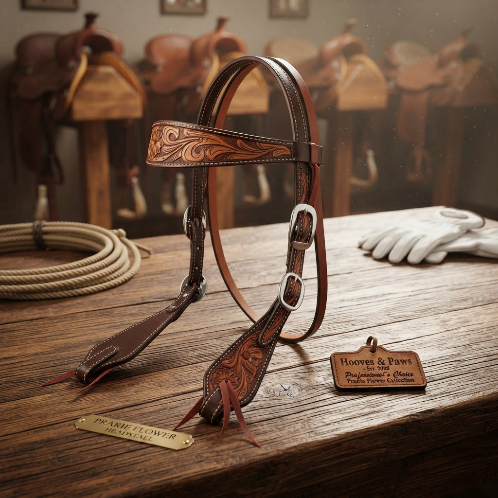 Lifestyle photo of Professional's Choice Prairie Flower Browband - Natural/Chocolate Western Leather