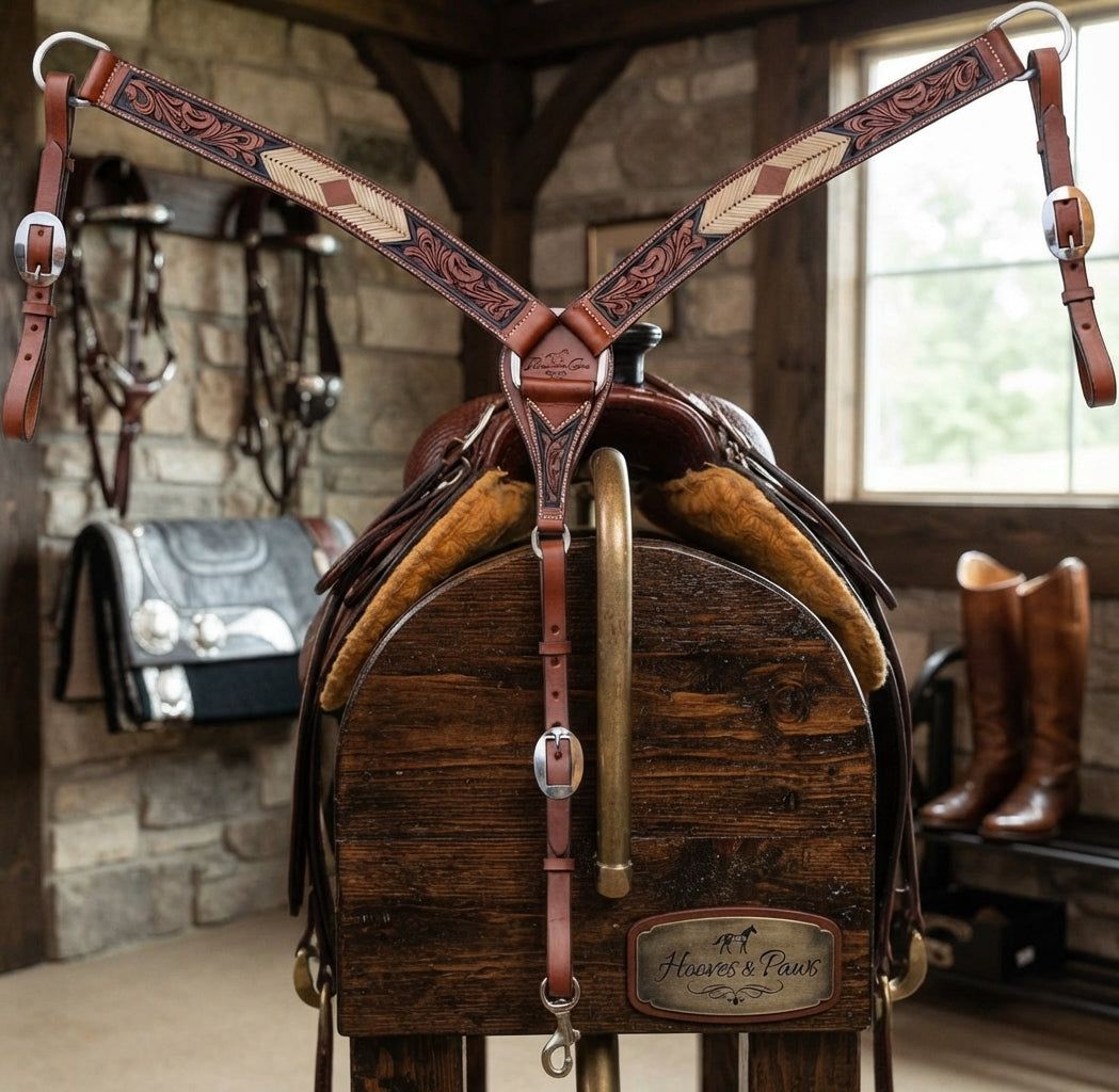 Lifestyle photo of Professional's Choice Natural Rawhide Arrowhead Cowboy Contoured Breast Collar - 1-3/4" Black Leather & Tan Leaf Tooling