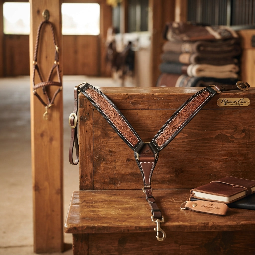 Lifestyle photo of Professional's Choice Buckstitched Filigree Leather Breast Collar - Black/Natural - 2" Wide - Average Horse