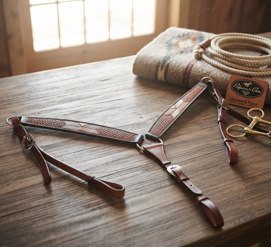 Lifestyle photo of Professional's Choice Tomahawk Breast Collar - 1-3/4" Center Dee, 2-1/4" Contour, Basket Tooled Leather