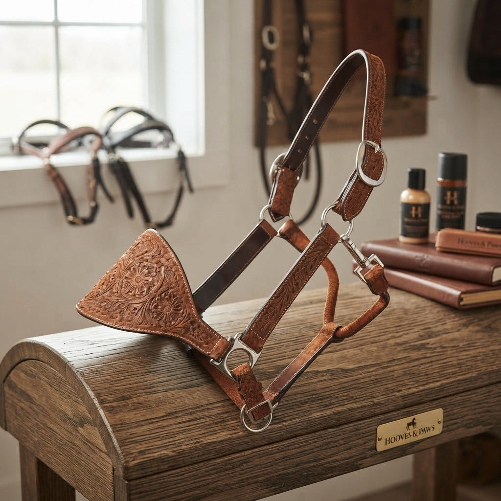 Lifestyle photo of Professional's Choice Floral Tooled Bronc Halter - Roughout Leather