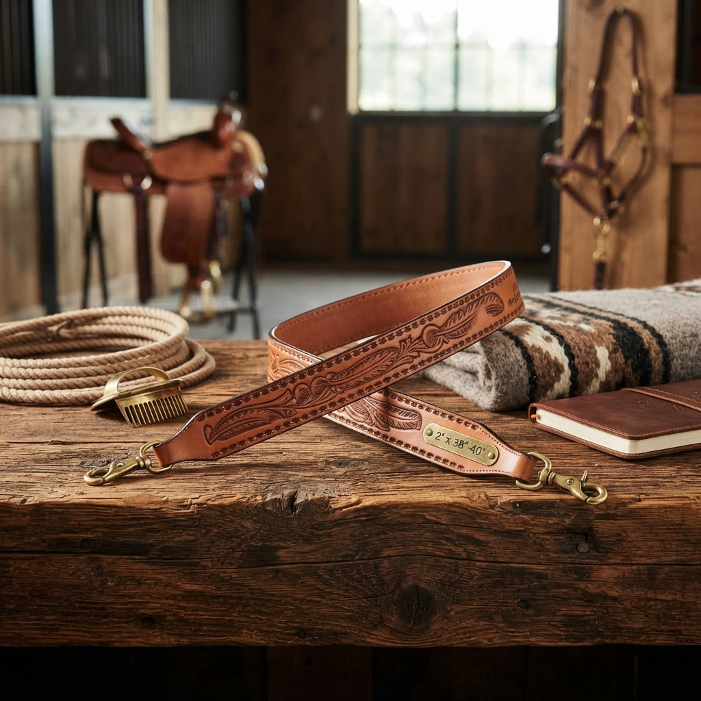 Lifestyle photo of Professional's Choice Feather Buckstitch Leather Rope Can Strap - 2" x 38"-40", Fits 14"-15" Cans