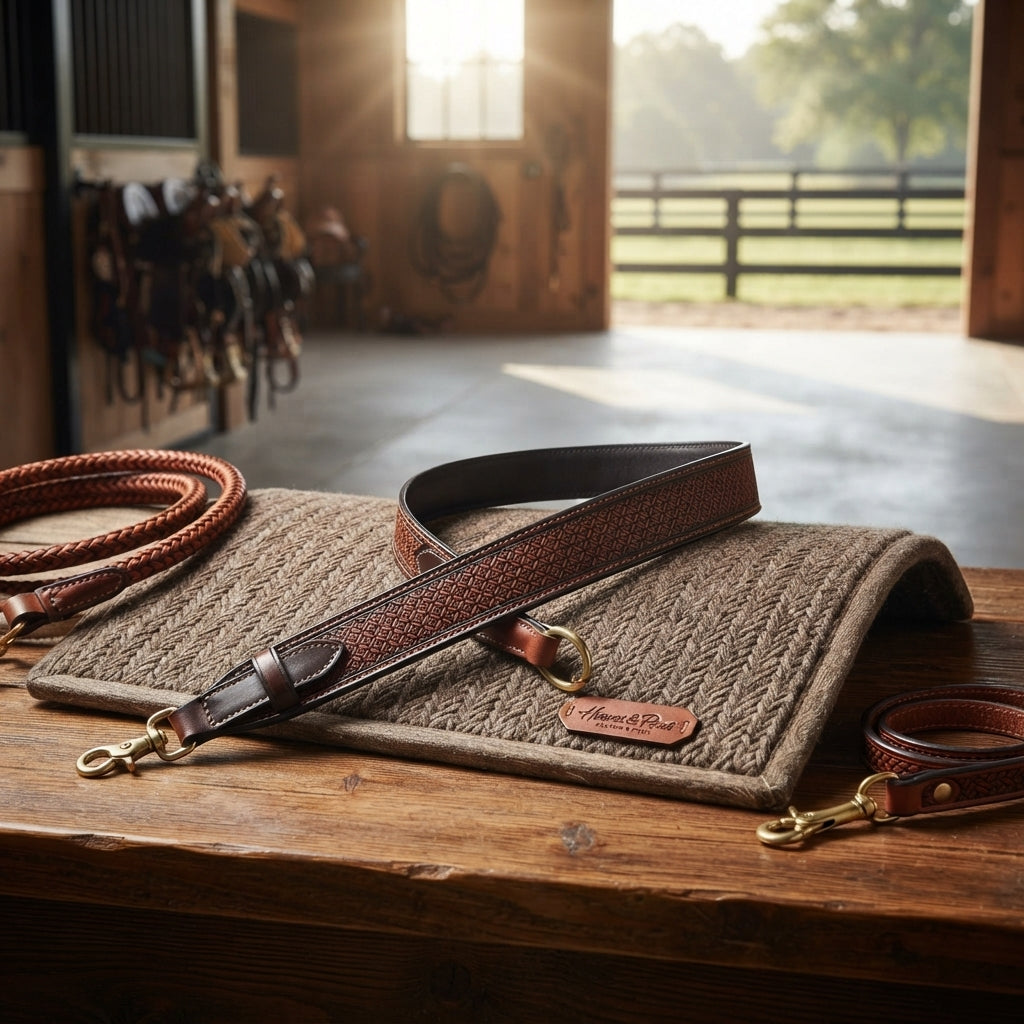 Lifestyle photo of Professional's Choice Geometric Hand-Tooled Leather Rope Can Strap - 2" Wide, 38.5"-42.5" Adjustable Length