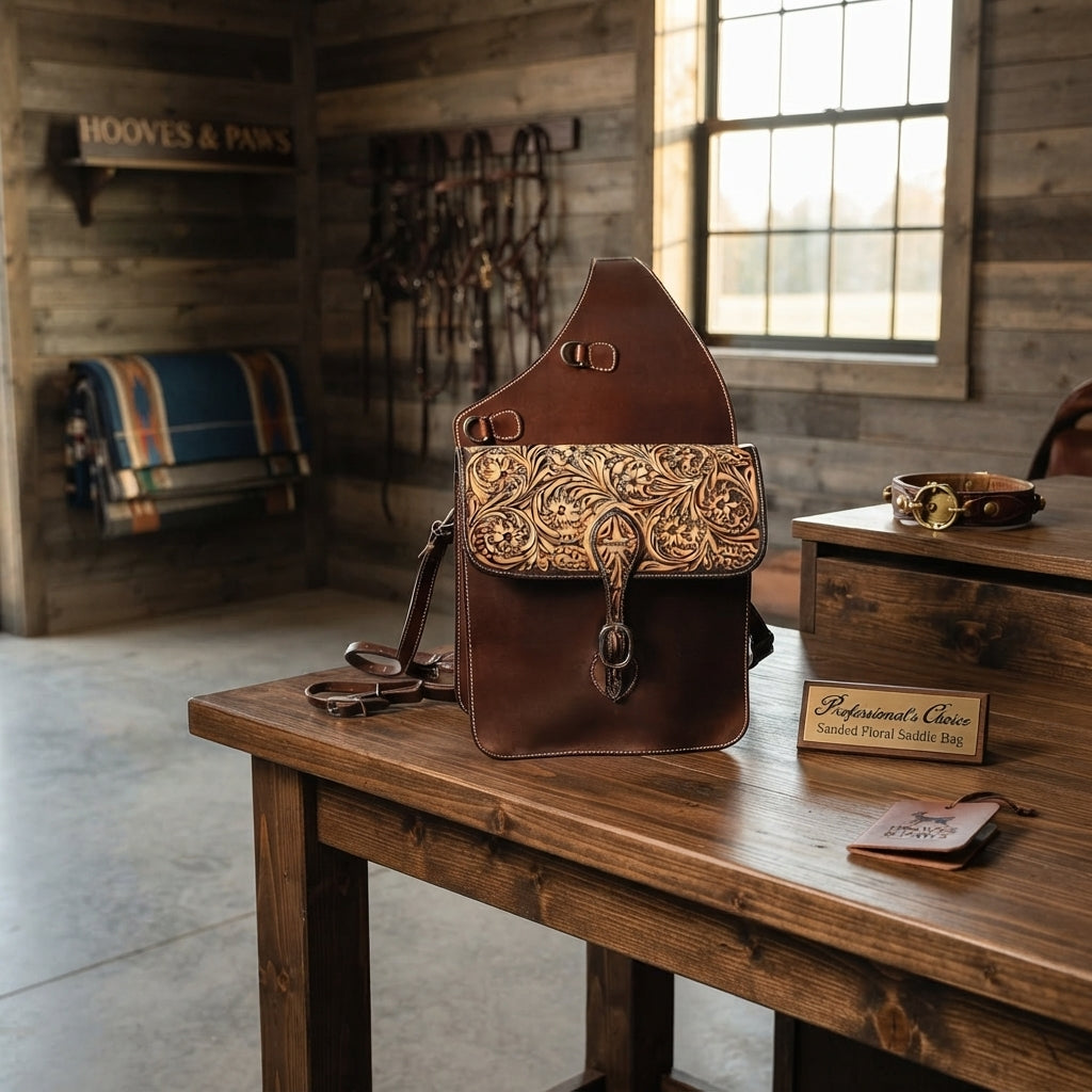 Lifestyle photo of Professional's Choice Sanded Floral Saddle Bag – Tooled Leather