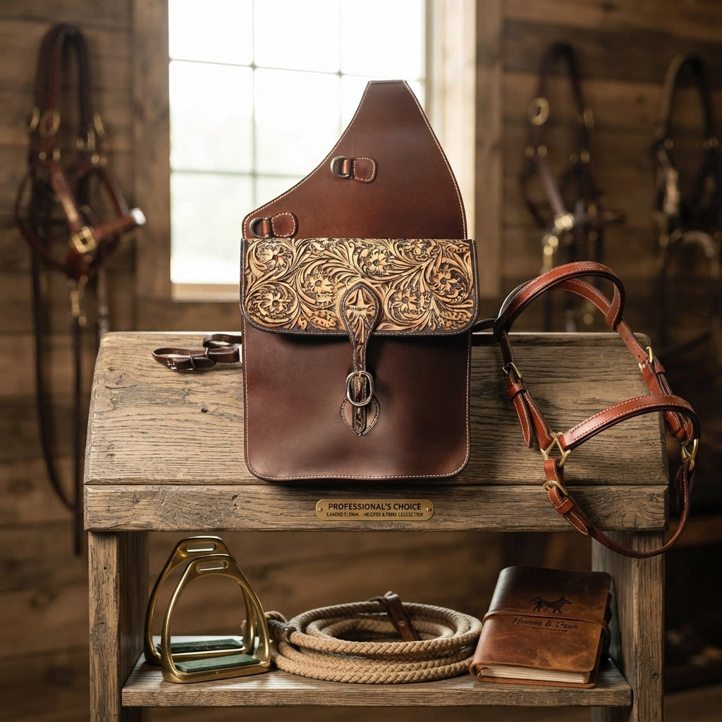 Lifestyle photo of Professional's Choice Sanded Floral Saddle Bag – Tooled Leather