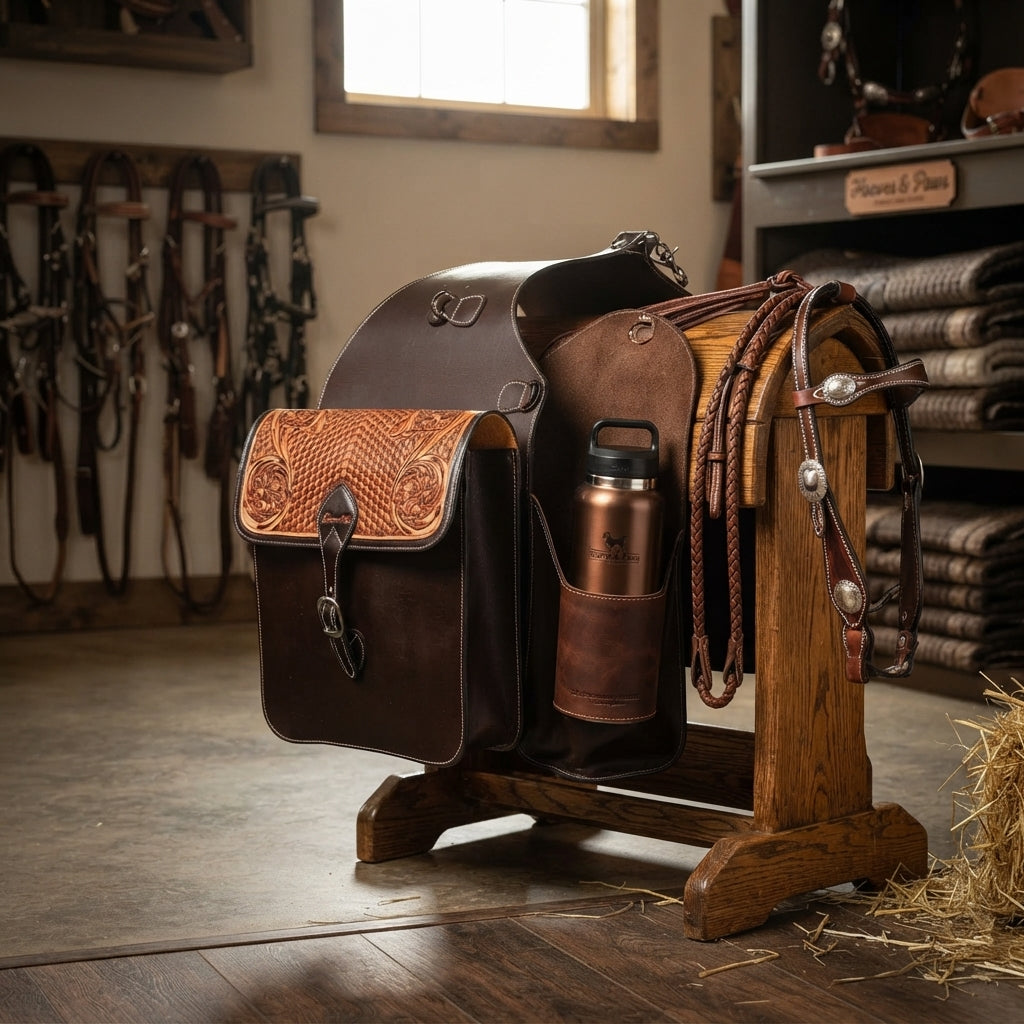 Lifestyle photo of Professional's Choice Hand-Tooled Leather Western Horse Saddle Bag - Floral Carved Full-Grain Leather - Fits 32oz Bottle