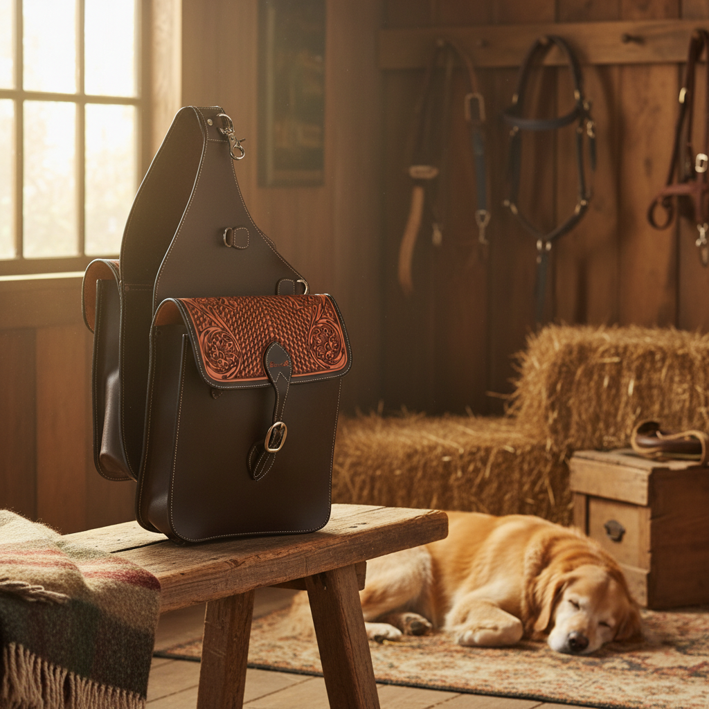 Professional's Choice Hand-Tooled Leather Western Horse Saddle Bag - Floral Carved Full-Grain Leather - Fits 32oz Bottle