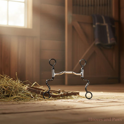 Myler Black Steel Seven Shank with Mullen Forward Tilt Ported Barrel MB 36 horse bit standing on a sunlit wooden barn floor next to hay and a leather strap, with a window and barn door in the background.