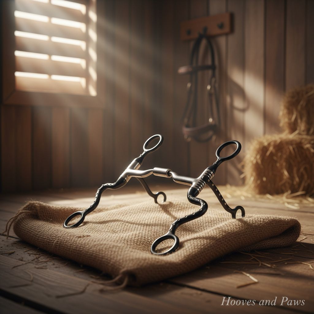 Myler Black Steel Seven Shank with Low Port Comfort Snaffle horse bit on burlap in sunlit barn with bridle and hay.