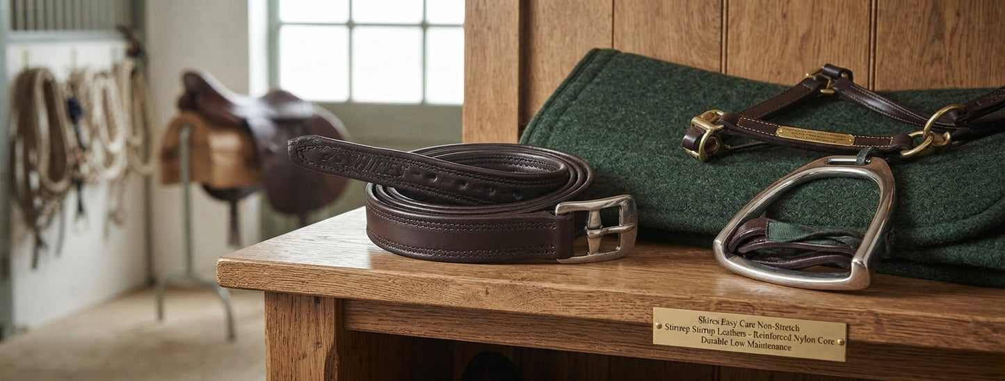 Lifestyle photo of Shires Easy Care Non-Stretch Stirrup Leathers - Reinforced Nylon Core Durable Low Maintenance