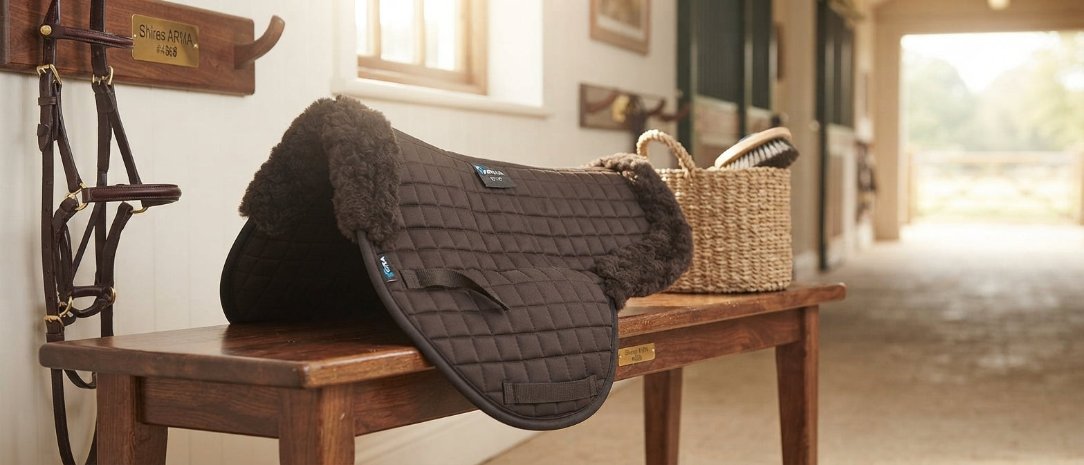 Lifestyle photo of Shires ARMA Acrilan Lined Saddle Pad #4368 - Contoured Box Quilt Synthetic Fleece Horse Pad