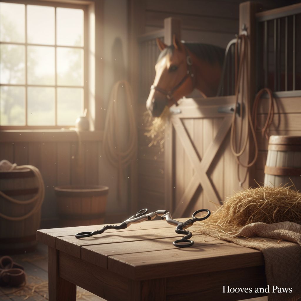 Myler Black Steel Seven Shank horse bit with correctional ported barrel on a wooden table, in a sunlit stable with a horse eating hay in the background.