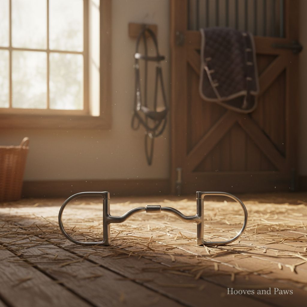 Myler 33WL Wide Ported Barrel Snaffle dressage legal horse bit on a straw-covered stable floor, bathed in sunlight, with a window and stable door in the background.