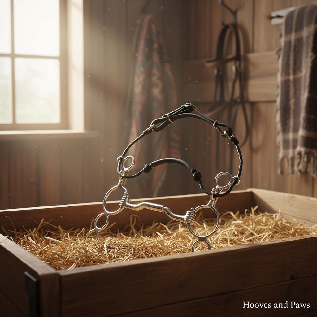 Myler 3-Ring Combination Bit with Sweet Iron Ported Barrel and black leather straps, resting on hay in a sunlit rustic stable.