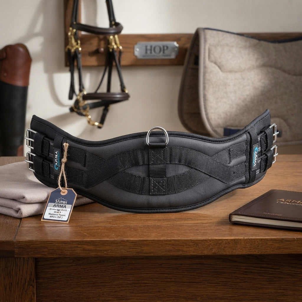 Lifestyle photo of Shires ARMA Memory Foam Dressage Girth - Black - Anatomical Comfort - Multiple Sizes