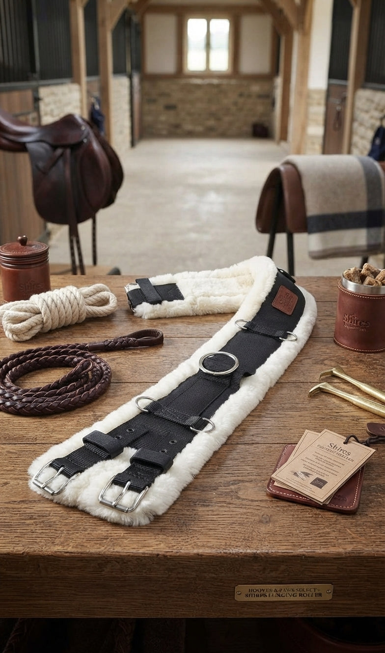 Lifestyle photo of Shires Nylon Lunging Roller with Fleece Padding - Black - 11 D-Rings - Multiple Sizes