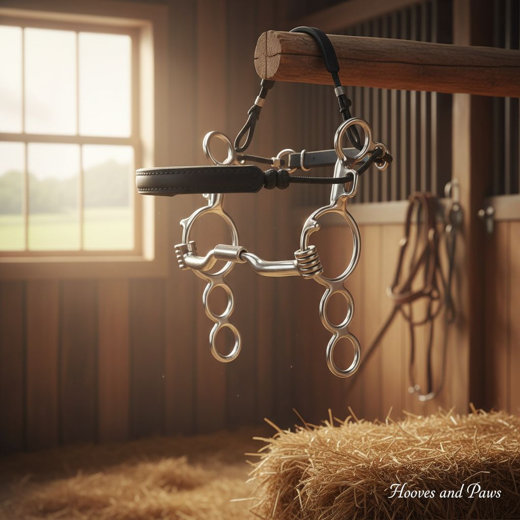 Myler MB 04 Combination Bit with sweet iron mouthpiece, shanks, and padded leather noseband, hanging in a sunlit horse stable with hay, designed for horse comfort and control.