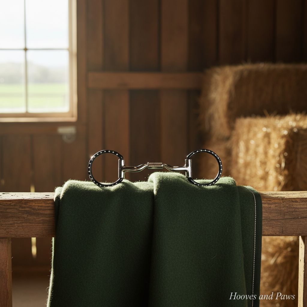 Myler Black 5 inch Steel Western Dee with Low Port Comfort Snaffle MB 04 #89-16045 bit with studded black D-rings, on a dark green blanket over a wooden rail in a barn setting.