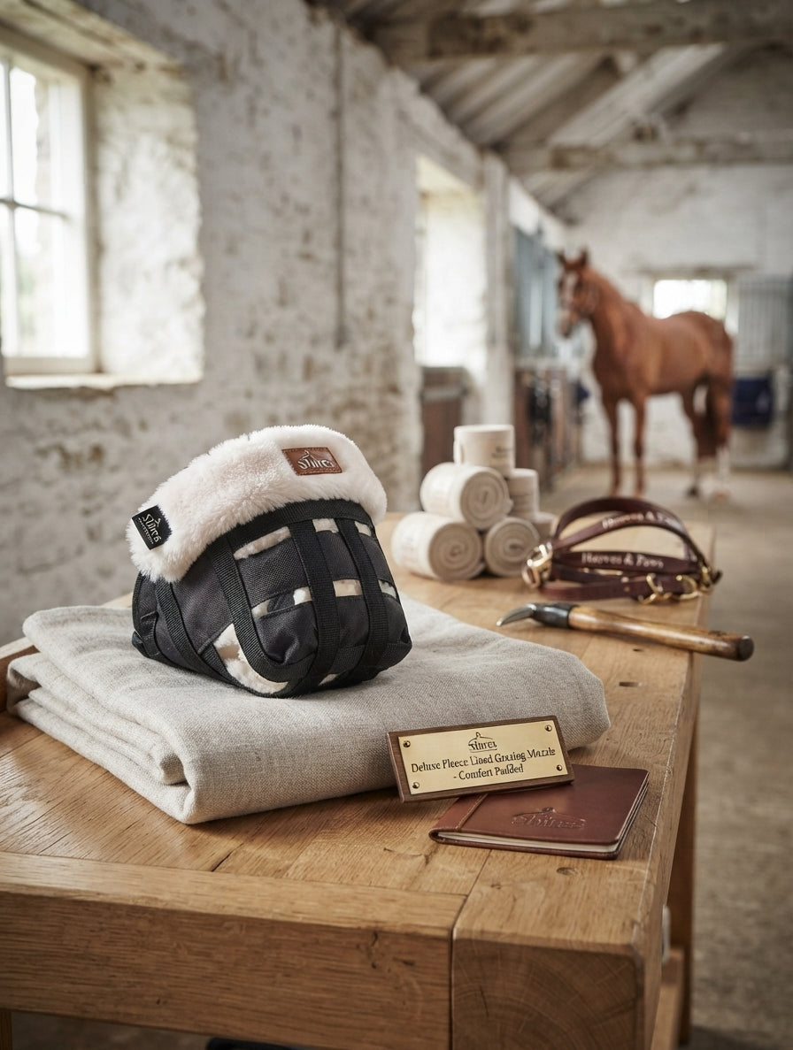 Lifestyle photo of Shires Deluxe Fleece Lined Grazing Muzzle - Comfort Padded Horse Grass Intake Control - Multiple Sizes