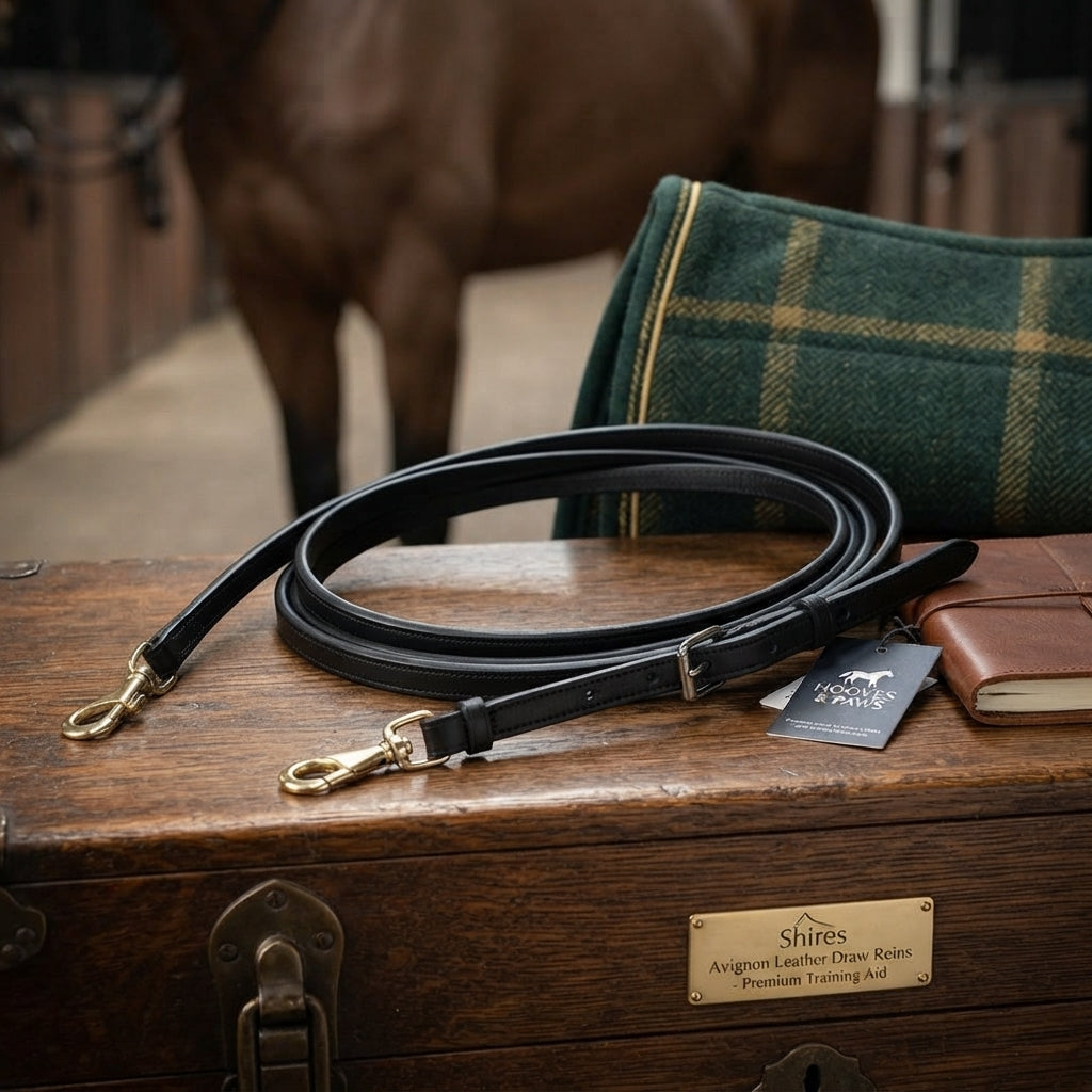 Lifestyle photo of Shires Avignon Leather Draw Reins - Premium Quality Training Aid for Improved Horse Collection and Flexion