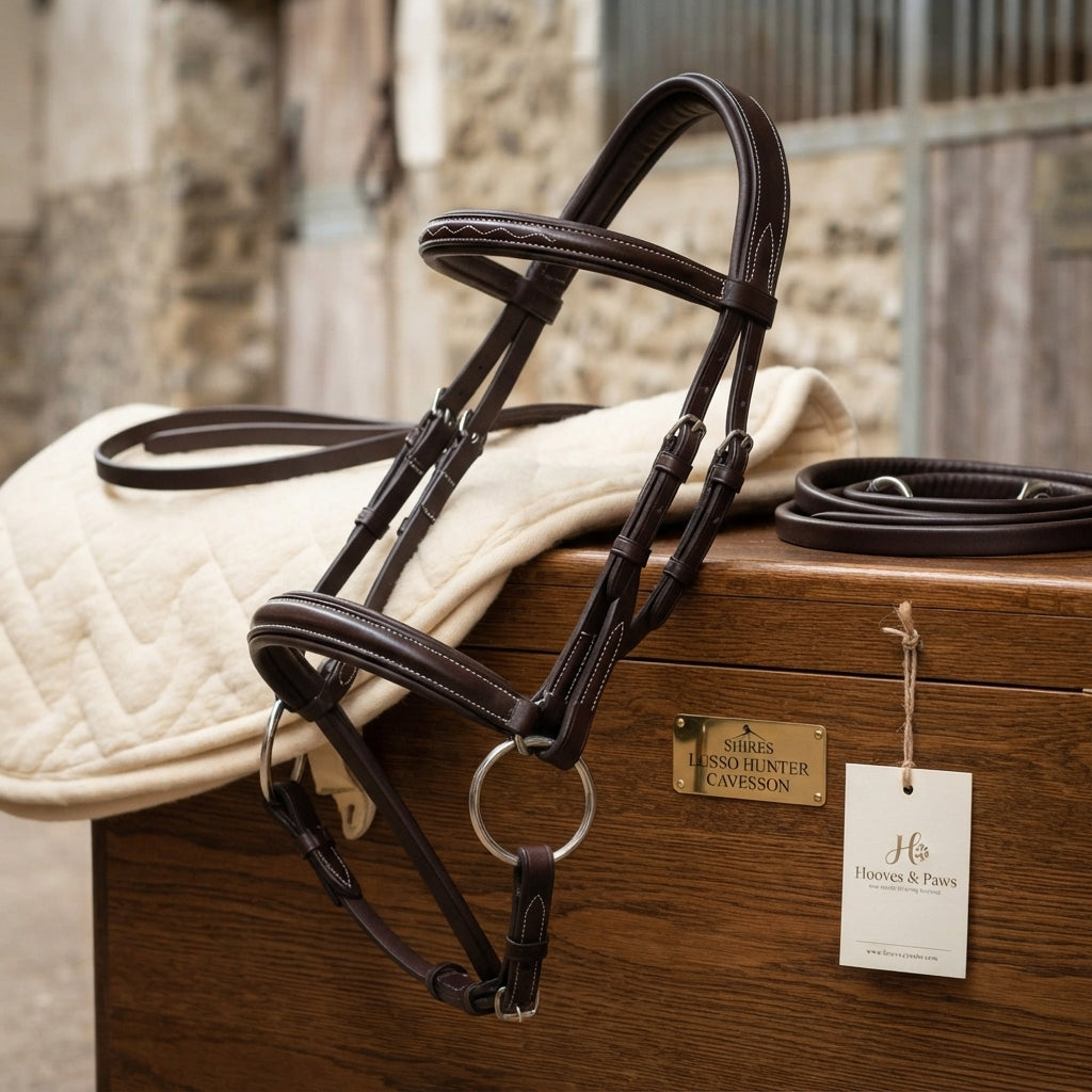 Lifestyle photo of Shires Lusso Hunter Cavesson Bridle - Premium Italian Leather Padded English Horse Bridle