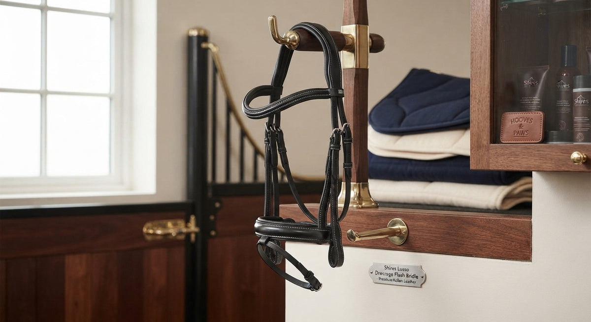 Lifestyle photo of Shires Lusso Dressage Flash Bridle - Premium Italian Leather Padded Horse Bridle