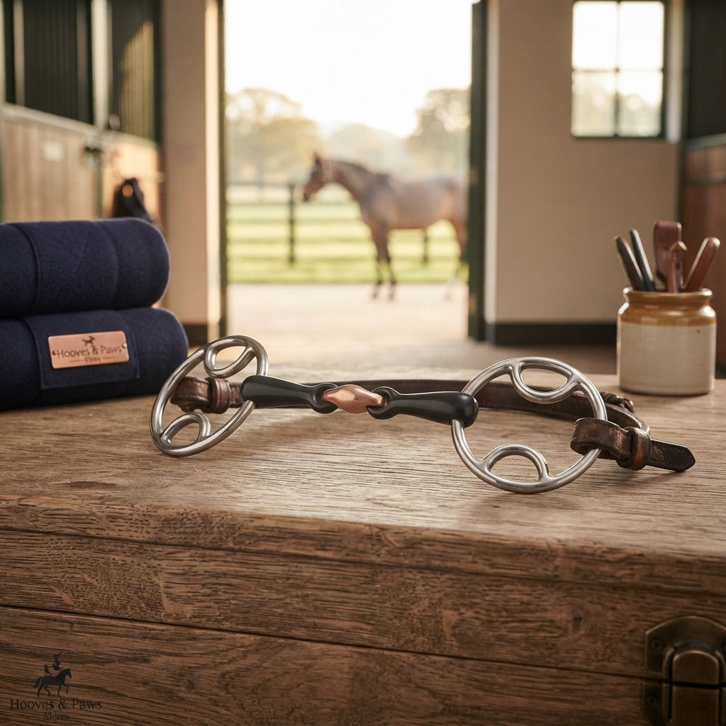 Lifestyle photo of Shires Black Sweet Iron Bevel Bit with Copper Lozenge - Stainless Steel Cheeks - Multiple Sizes