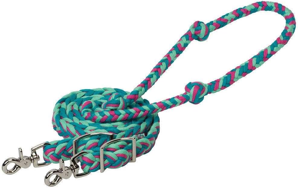 Bamboo 8ft Flat Barrel Reins Turq/Rasp/Green N/A - Hooves and Paws